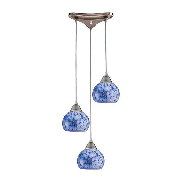 3 Light Pendant In Satin Nickel And Starlight Blue Glass