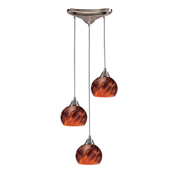 3 Light Pendant In Satin Nickel And Espresso Glass