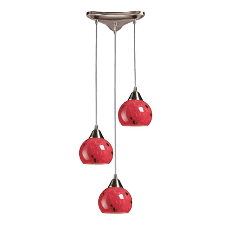 3 Light Pendant In Satin Nickel And Fire Red Glass