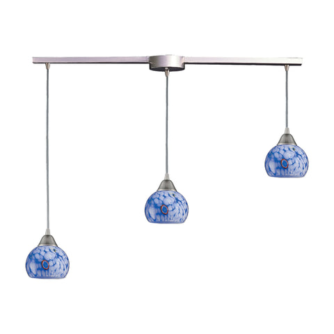 3 Light Pendant In Satin Nickel And Starlight Blue Glass