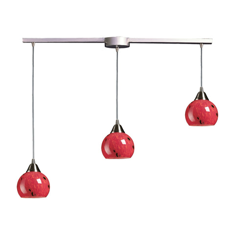 3 Light Pendant In Satin Nickel And Fire Red Glass