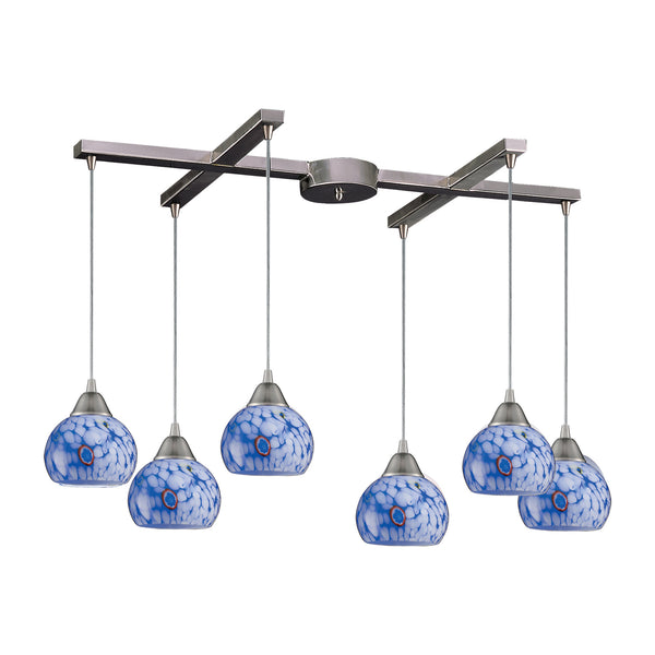 6 Light Pendant In Satin Nickel And Starlight Blue Glass