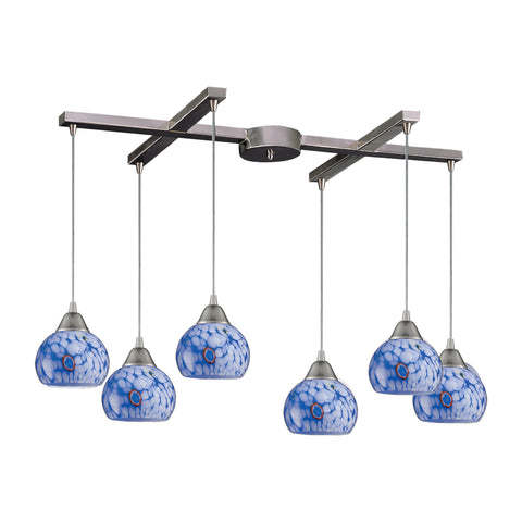 6 Light Pendant In Satin Nickel And Starlight Blue Glass