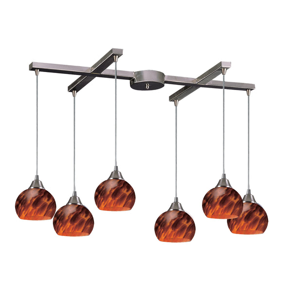 6 Light Pendant In Satin Nickel And Espresso Glass