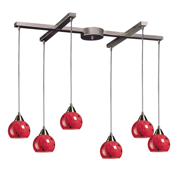 6 Light Pendant In Satin Nickel And Fire Red Glass