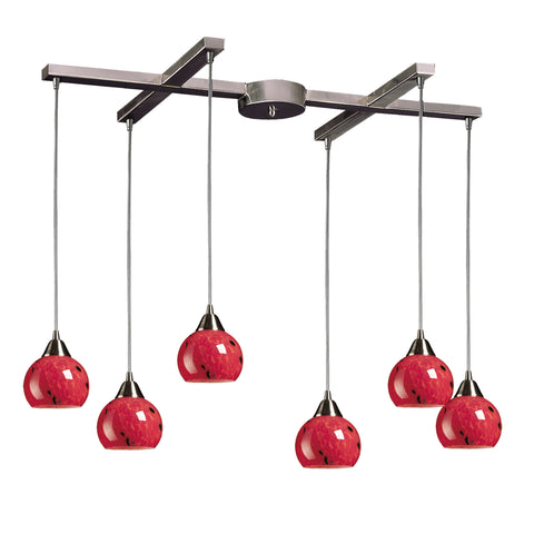 6 Light Pendant In Satin Nickel And Fire Red Glass