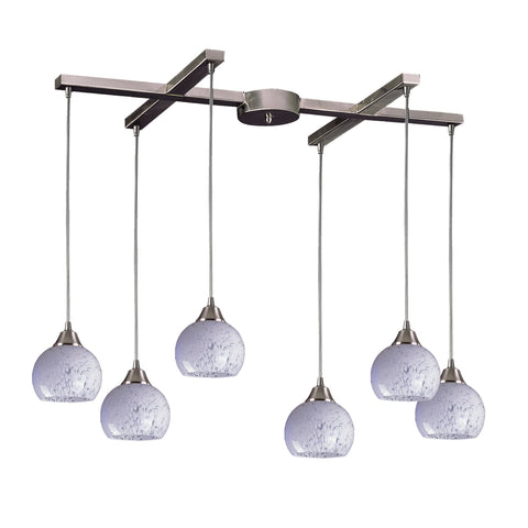 6 Light Pendant In Satin Nickel And Snow White Glass