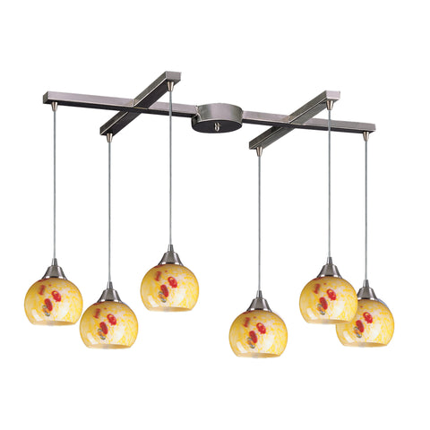 6 Light Pendant In Satin Nickel And Yellow Blaze Glass