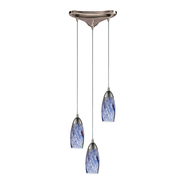 3 Light Pendant In Satin Nickel And Starlight Blue Glass