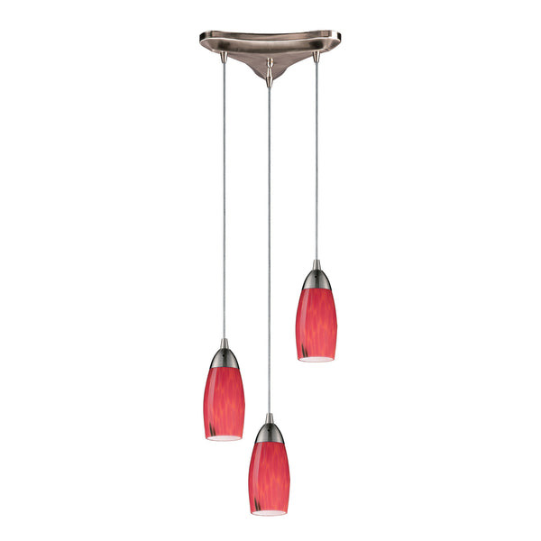 4 Light Pendant In Satin Nickel And Fire Red Glass
