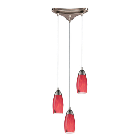 4 Light Pendant In Satin Nickel And Fire Red Glass