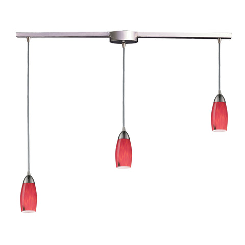 3 Light Pendant In Satin Nickel And Fire Red Glass