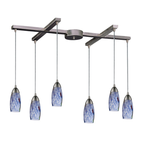 6 Light Pendant In Satin Nickel And Starlight Blue Glass