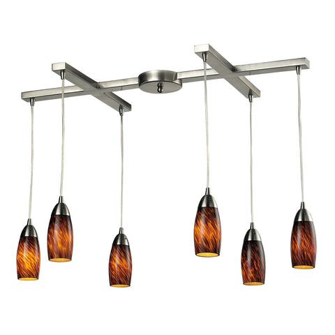 6 Light Pendant In Satin Nickel And Espresso Glass