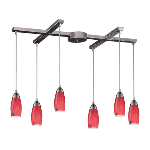 6 Light Pendant In Satin Nickel And Fire Red Glass