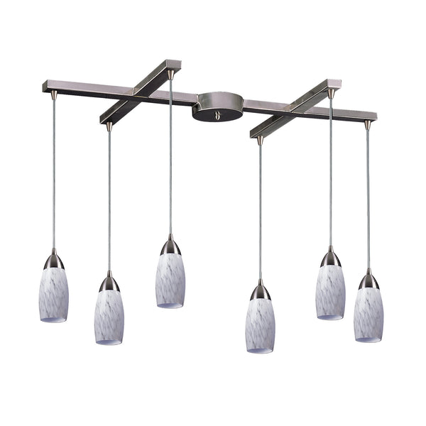 6 Light Pendant In Satin Nickel And Snow White Glass