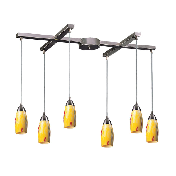 6 Light Pendant In Satin Nickel And Yellow Blaze Glass