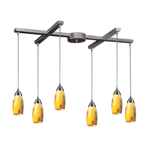 6 Light Pendant In Satin Nickel And Yellow Blaze Glass