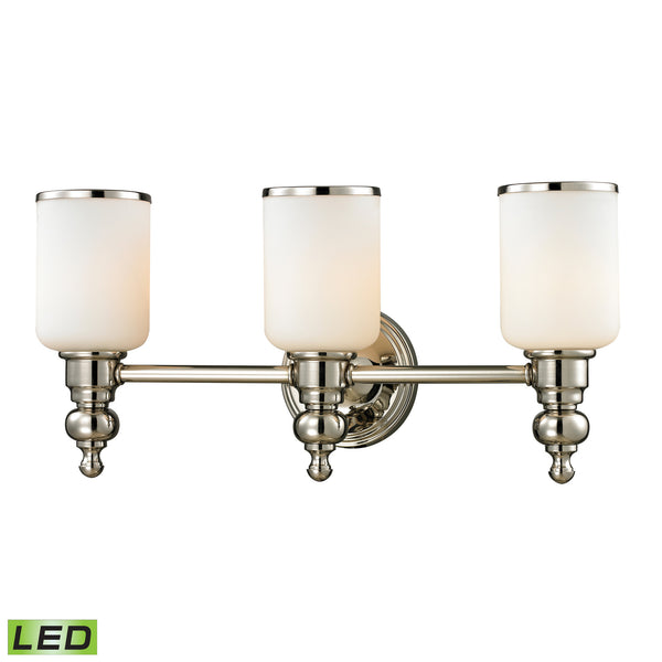 Bristol Collection 3 light bath in Polished Nickel - LED, 800 Lumens (2400 Lumens Total) With Full Scale Dimming Range, 60 Watt (180 Watt Total)Equivalent , 120V Replaceable LED Bulb Included.