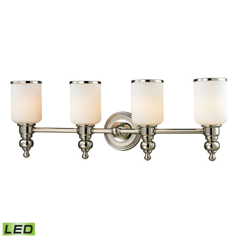 Bristol Collection 4 light bath in Polished Nickel - LED, 800 Lumens (3200 Lumens Total) With Full Scale Dimming Range, 60 Watt (240 Watt Total)Equivalent , 120V Replaceable LED Bulb Included.