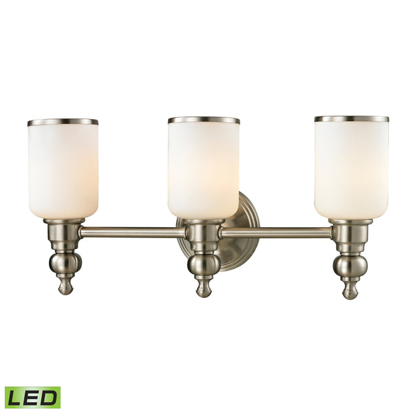 Bristol Collection 3 light bath in Brushed Nickel - LED, 800 Lumens (2400 Lumens Total) With Full Scale Dimming Range, 60 Watt (180 Watt Total)Equivalent , 120V Replaceable LED Bulb Included.