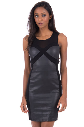 Black Bodycon Dress With Faux Leather Detail-Black-Medium - UK (10-12)