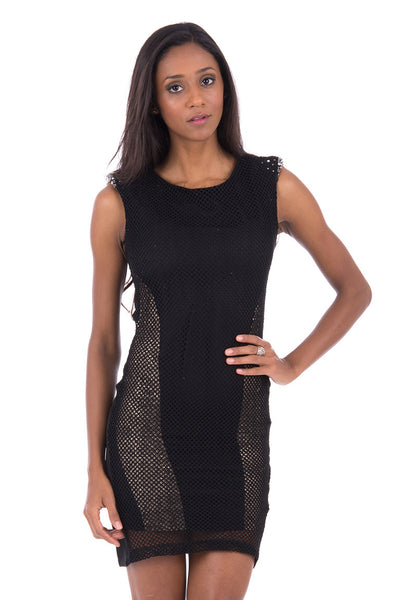 Black Bodycon Dress With Fishnet And Diamante Detail-Black-Small - UK (8-10)