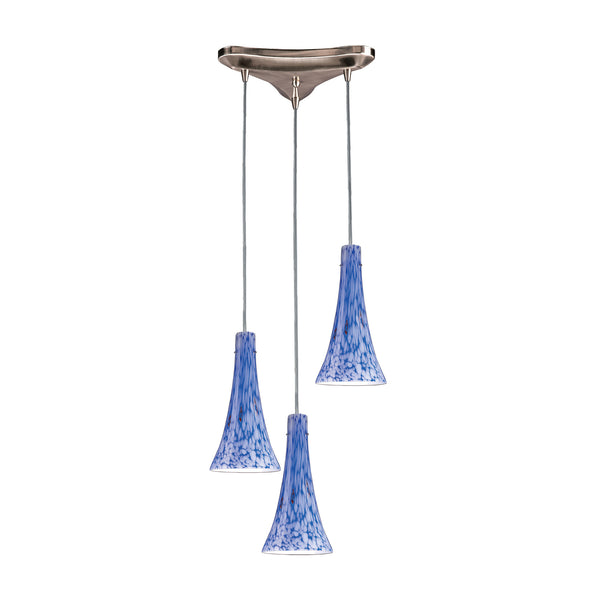 3 Light Pendant In Satin Nickel And Starlight Blue Glass