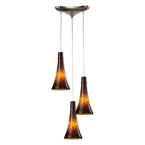3 Light Pendant In Satin Nickel And Espresso Glass