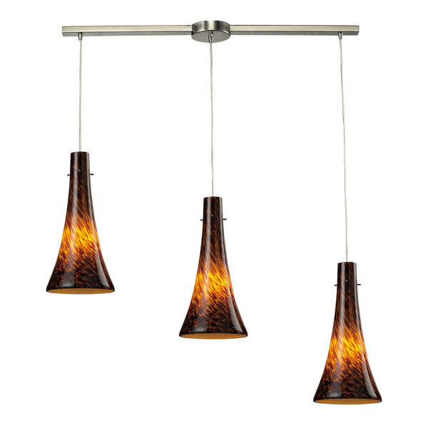 3 Light Pendant In Satin Nickel And Espresso Glass