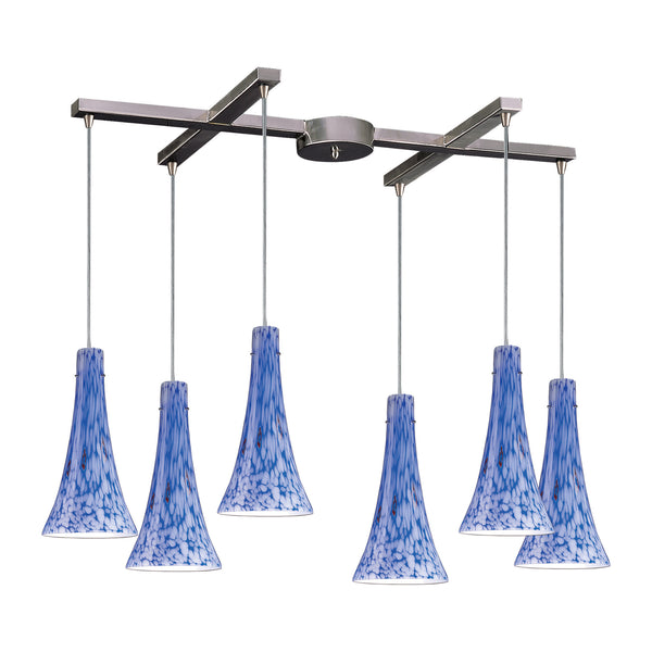 6 Light Pendant In Satin Nickel And Starlight Blue Glass