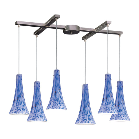 6 Light Pendant In Satin Nickel And Starlight Blue Glass