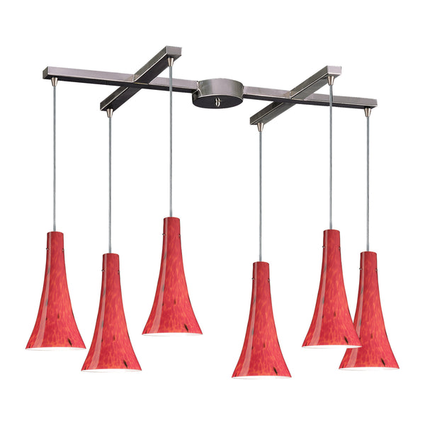 6 Light Pendant In Satin Nickel And Fire Red Glass
