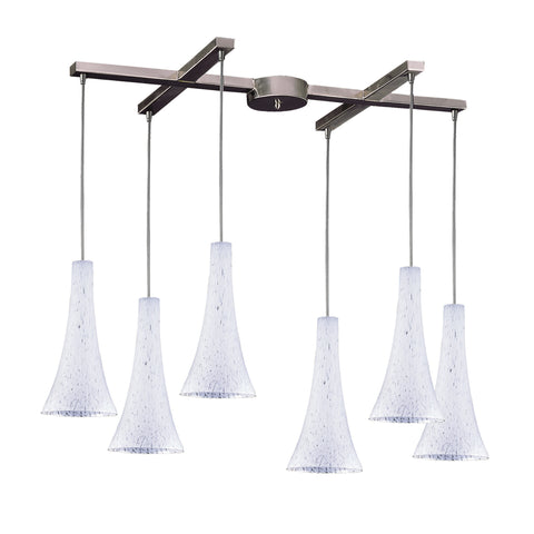 6 Light Pendant In Satin Nickel And Show White Glass