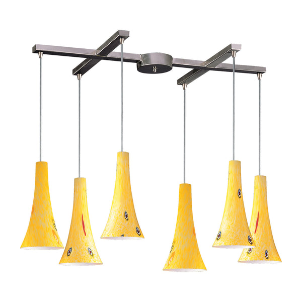 6 Light Pendant In Satin Nickel And Yellow Blaze Glass
