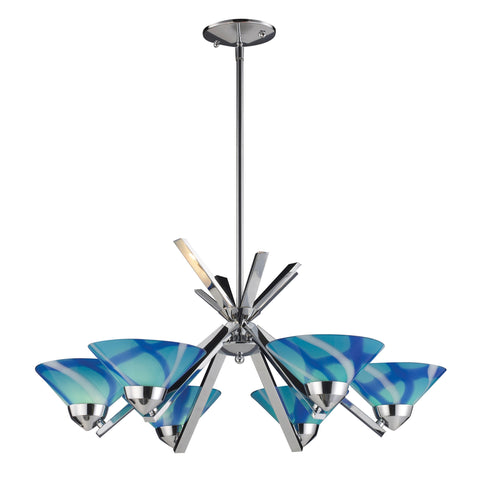 6 Light Chandelier In Polished Chrome And Carribean Glass
