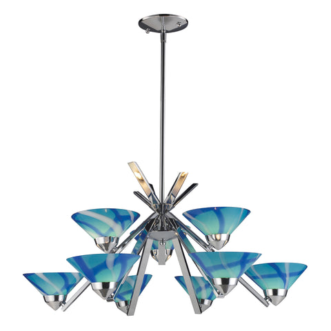 9 Light Chandelier In Polished Chrome And Carribean Glass