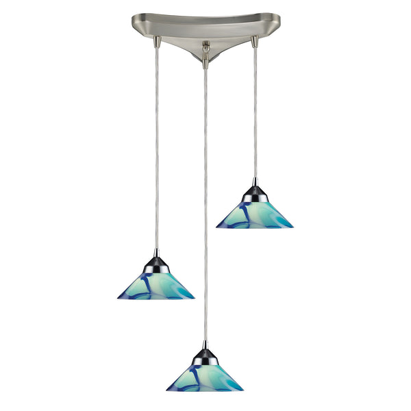 3 Light Pendant In Polished Chrome And Carribean Glass