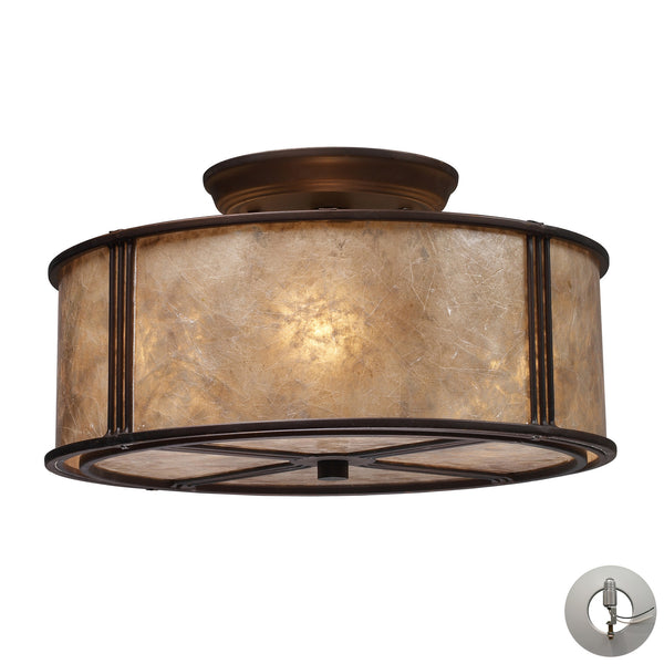 Barringer 3-Light Semi-Flush In Aged Bronze And Tan Mica Shade Includes An Adapter Kit To Allow For Easy Conversion Of A Recessed Light To A Semi Flush