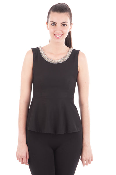 Black Cut Out Back Peplum Top-Black-Large - UK (12-14)