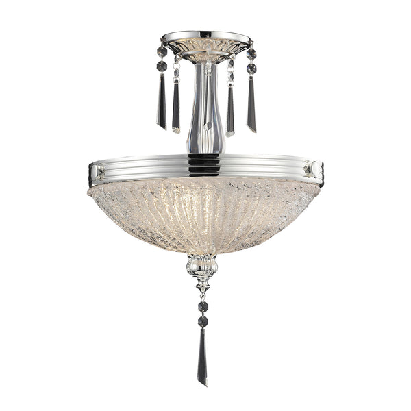 3 Light Semi Flush In Polished Silver And Iced Glass