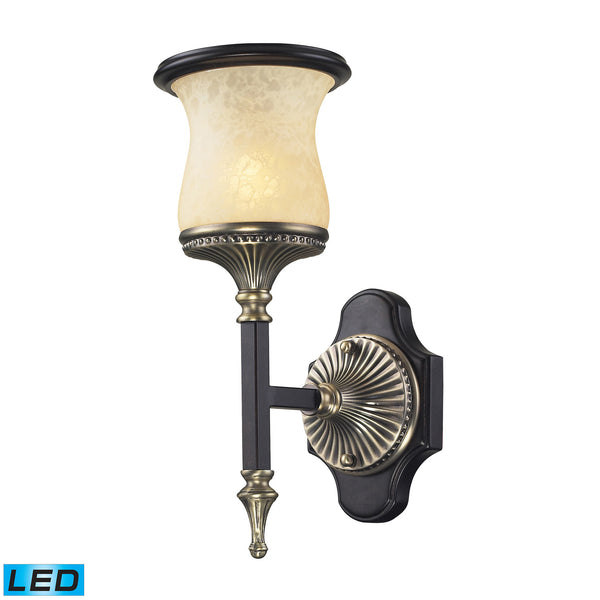 1 Light Wall Bracket In Antique Bronze & Dark Umber And Marblized Amber Glass - LED Offering Up To 800 Lumens (60 Watt Equivalent) With Full Range Dimming. Includes An Easily Replaceable LED Bulb (120V).