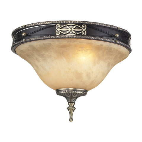 2 Light Flush In Antique Bronze & Dark Umber And Marblized Amber Glass