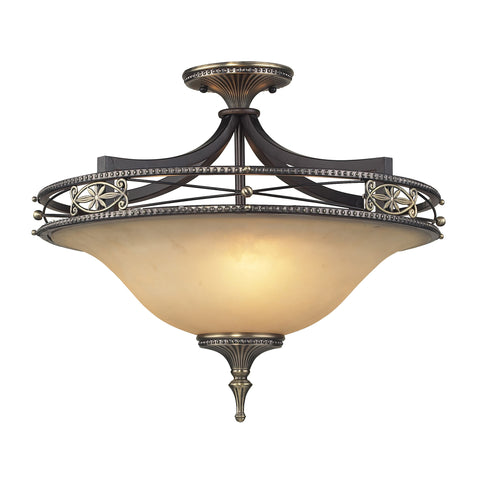3 Light Semi Flush In Antique Bronze & Dark Umber And Marblized Amber Glass
