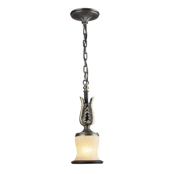 1 Light Pendant In Antique Bronze & Dark Umber And Marblized Amber Glass