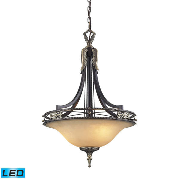 3 Light Pendant In Antique Bronze & Dark Umber And Marblized Amber Glass - LED, 800 Lumens (2400 Lumens Total) With Full Scale Dimming Range, 60 Watt (180 Watt Total)Equivalent , 120V Replaceable LED Bulb Included