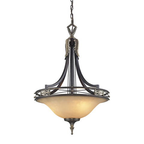 3 Light Pendant In Antique Bronze & Dark Umber And Marblized Amber Glass
