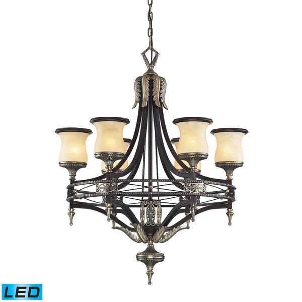 6 Light Chandelier In Antique Bronze & Dark Umber And Marblized Amber Glass - LED, 800 Lumens (4800 Lumens Total) With Full Scale Dimming Range, 60 Watt (360 Watt Total)Equivalent , 120V Replaceable LED Bulb Included