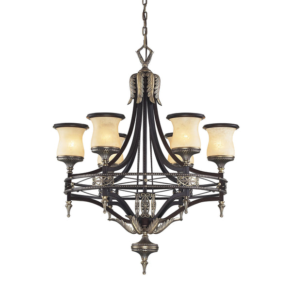 6 Light Chandelier In Antique Bronze & Dark Umber And Marblized Amber Glass