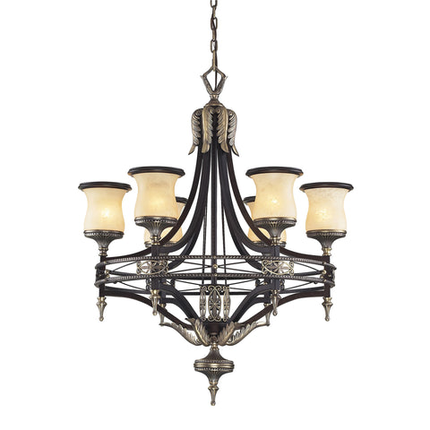 6 Light Chandelier In Antique Bronze & Dark Umber And Marblized Amber Glass